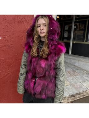 Y2K Mr & Mrs Italy XS Reversible Olive Parka w/ Fuchsia Rabbit Fur Lining